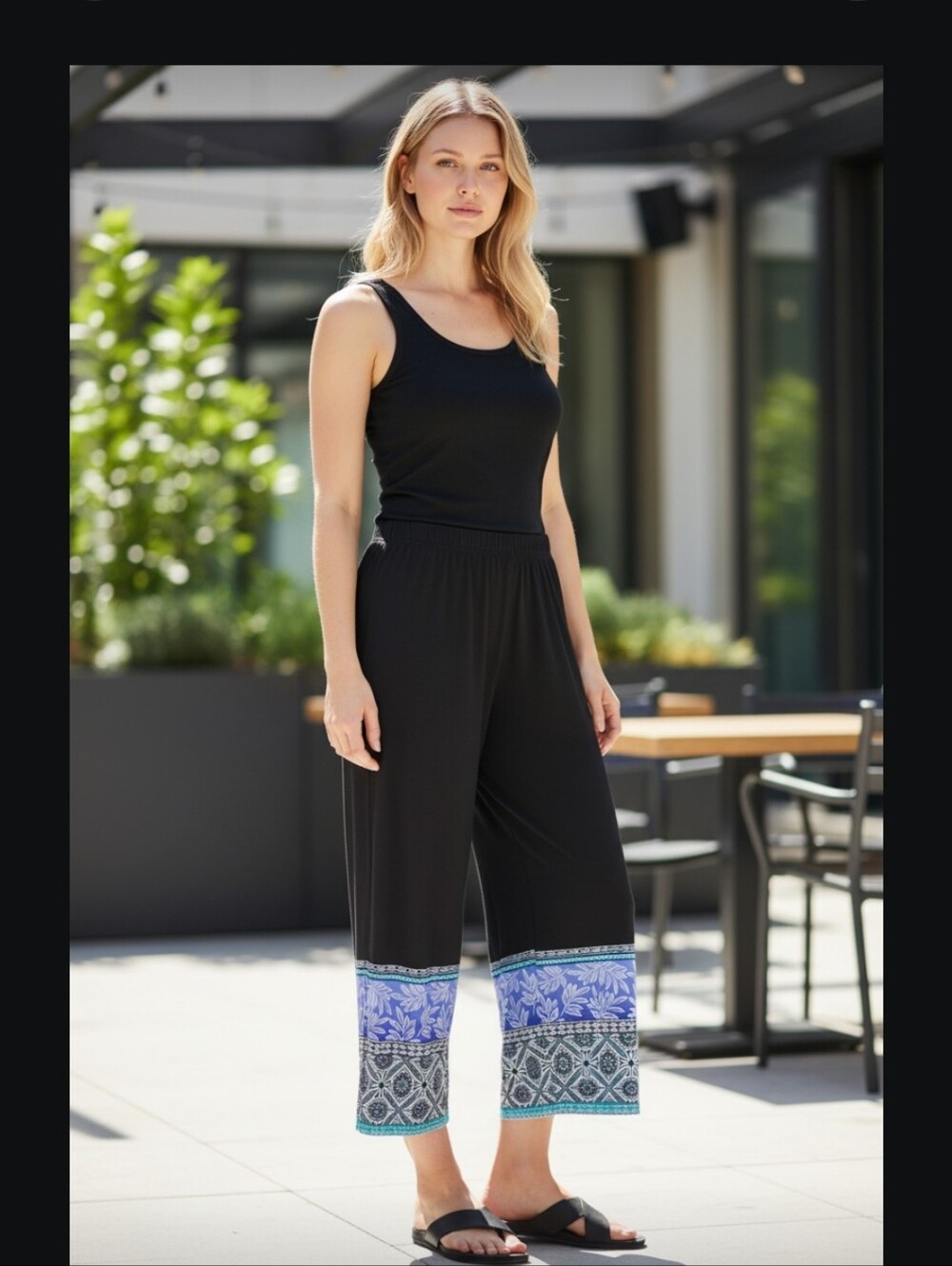East 5th Black Wide-Leg Crop Pants with Blue Printed Hem FREE EARRINGS